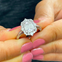 Load image into Gallery viewer, 14k solid white gold emerald cut moissanite and round cut natural diamond engagement ring halo bridal set 3.05ct