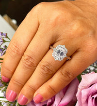 Load image into Gallery viewer, 14k solid white gold emerald cut moissanite and round cut natural diamond engagement ring halo bridal set 3.05ct