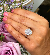 Load image into Gallery viewer, Large 14k solid white gold emerald and round cut simulated diamond engagement ring halo bridal wedding prong set 2.95ct