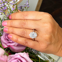 Load image into Gallery viewer, Large 14k solid white gold emerald and round cut simulated diamond engagement ring halo bridal wedding prong set 2.95ct