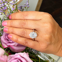 Load image into Gallery viewer, 14k solid white gold emerald cut forever one moissanite and round cut natural diamond engagement ring halo bridal set 3.05ct