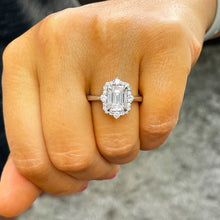 Load image into Gallery viewer, 14k solid white gold emerald cut forever one moissanite and round cut natural diamond engagement ring halo bridal set 3.05ct