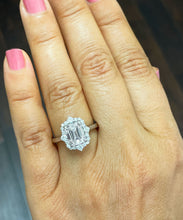 Load image into Gallery viewer, Large 14k solid white gold emerald and round cut simulated diamond engagement ring halo bridal wedding prong set 2.95ct