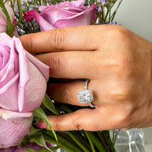 Load image into Gallery viewer, 14K Solid White Gold Cushion and Round Cut Simulated Diamond Engagement Ring Halo 3.00ctw