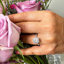 Load image into Gallery viewer, 14K Solid White Gold Cushion Cut Moissanite and Round Cut Natural Diamond Engagement Ring Halo Prong 2.80ct