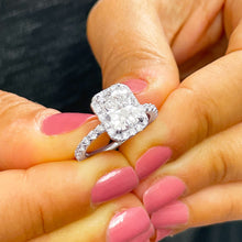 Load image into Gallery viewer, 14K Solid White Gold Cushion and Round Cut Simulated Diamond Engagement Ring Halo 3.00ctw