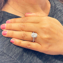 Load image into Gallery viewer, 14K Solid White Gold Cushion and Round Cut Simulated Diamond Engagement Ring Halo 3.00ctw