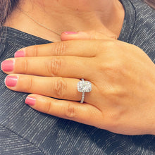 Load image into Gallery viewer, 14K Solid White Gold Cushion Cut Moissanite and Round Cut Natural Diamond Engagement Ring Halo Prong 2.80ct