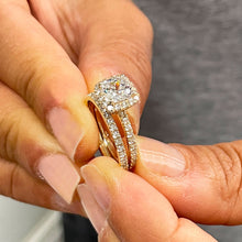 Load image into Gallery viewer, 14K Solid Yellow Gold Cushion And Round Cut Simulated Diamond Engagement Ring And Band Bridal Set Halo 2.30ctw