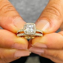 Load image into Gallery viewer, 14K Solid Yellow Gold Cushion Cut Forever One Moissanite and Round Cut Natural Diamond Engagement Ring And Band Bridal Halo 2.30ctw