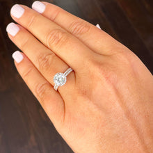 Load image into Gallery viewer, 14k solid rose gold round cut simulated diamond engagement ring and band halo deco, wedding, anniversary, prong, bridal, 2.00ct