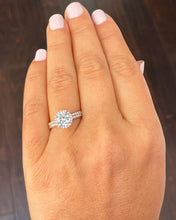 Load image into Gallery viewer, 14k solid rose gold round cut simulated diamond engagement ring and band halo deco, wedding, anniversary, prong, bridal, 2.00ct