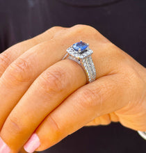 Load image into Gallery viewer, 14K Solid White Gold Cushion Cut Natural Sapphire and Round And Princess Cut Natural Diamond Ring 3.50ctw