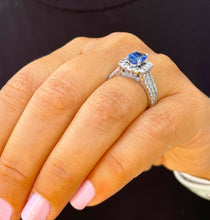 Load image into Gallery viewer, 14K Solid White Gold Cushion Cut Natural Sapphire and Round And Princess Cut Natural Diamond Ring 3.50ctw