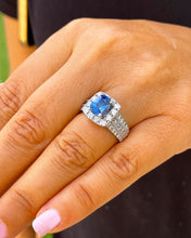 Load image into Gallery viewer, 14K Solid White Gold Cushion Cut Natural Sapphire and Round And Princess Cut Natural Diamond Ring 3.50ctw