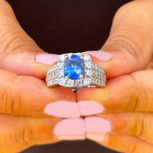 Load image into Gallery viewer, 14K Solid White Gold Cushion Cut Natural Sapphire and Round And Princess Cut Natural Diamond Ring 3.50ctw