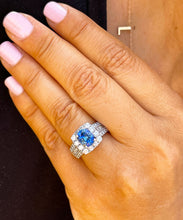 Load image into Gallery viewer, 14K Solid White Gold Cushion Cut Natural Sapphire and Round And Princess Cut Natural Diamond Ring 3.50ctw