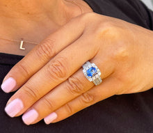 Load image into Gallery viewer, 14K Solid White Gold Cushion Cut Natural Sapphire and Round And Princess Cut Natural Diamond Ring 3.50ctw