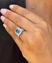 Load image into Gallery viewer, 14K Solid White Gold Cushion Cut Natural Sapphire and Round And Princess Cut Natural Diamond Ring 3.50ctw