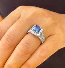 Load image into Gallery viewer, 14K Solid White Gold Cushion Cut Natural Sapphire and Round And Princess Cut Natural Diamond Ring 3.50ctw