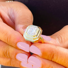 Load image into Gallery viewer, IGI Certified 14k solid yellow gold emerald cut diamond engagement ring bezel set solitaire bridal wedding 3.00ct