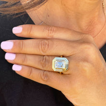 Load image into Gallery viewer, IGI Certified 14k solid yellow gold emerald cut diamond engagement ring bezel set solitaire bridal wedding 3.00ct