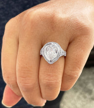Load image into Gallery viewer, 14k Solid White Gold Pear Cut Moissanite and Natural Round Cut Diamond Engagement Ring Halo, Bezel Set 4.25ctw