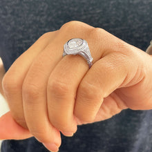 Load image into Gallery viewer, 14k Solid White Gold Pear and Round Cut Simulated Diamond Engagement Ring Bezel Set, Bridal, Wedding, Halo, Anniversary, 4.25ctw