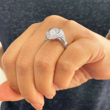 Load image into Gallery viewer, 14k Solid White Gold Pear Cut Moissanite and Natural Round Cut Diamond Engagement Ring Halo, Bezel Set 4.25ctw