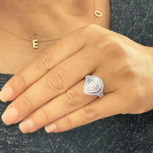 Load image into Gallery viewer, 14k Solid White Gold Pear Cut Moissanite and Natural Round Cut Diamond Engagement Ring Halo, Bezel Set 4.25ctw