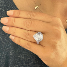 Load image into Gallery viewer, 14k Solid White Gold Pear Cut Moissanite and Natural Round Cut Diamond Engagement Ring Halo, Bezel Set 4.25ctw