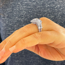 Load image into Gallery viewer, 14k Solid White Gold Pear Cut Moissanite and Natural Round Cut Diamond Engagement Ring And Band Halo, Bezel Set 5.00ctw