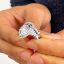 Load image into Gallery viewer, 14k Solid White Gold Pear Cut Moissanite and Natural Round Cut Diamond Engagement Ring And Band Halo, Bezel Set 5.00ctw