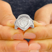 Load image into Gallery viewer, 14k Solid White Gold Pear Cut Moissanite and Natural Round Cut Diamond Engagement Ring And Band Halo, Bezel Set 5.00ctw