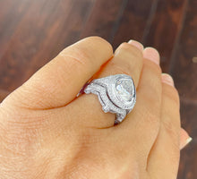 Load image into Gallery viewer, 14k Solid White Gold Pear Cut Moissanite and Natural Round Cut Diamond Engagement Ring And Band Halo, Bezel Set 5.00ctw