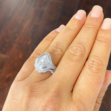 Load image into Gallery viewer, 14k Solid White Gold Pear Cut Moissanite and Natural Round Cut Diamond Engagement Ring And Band Halo, Bezel Set 5.00ctw
