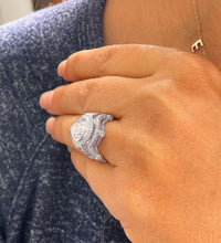 Load image into Gallery viewer, 14k Solid White Gold Pear Cut Moissanite and Natural Round Cut Diamond Engagement Ring And Band Halo, Bezel Set 5.00ctw