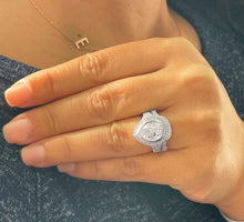 Load image into Gallery viewer, 14k Solid White Gold Pear Cut Moissanite and Natural Round Cut Diamond Engagement Ring And Band Halo, Bezel Set 5.00ctw