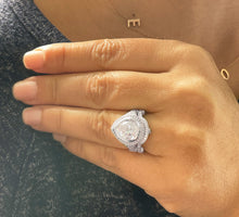 Load image into Gallery viewer, 14k Solid White Gold Pear Cut Moissanite and Natural Round Cut Diamond Engagement Ring And Band Halo, Bezel Set 5.00ctw