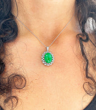 Load image into Gallery viewer, 14k white gold oval cut Natural Jade and round cut natural diamond deco style halo, pendent necklace 8.70ctw