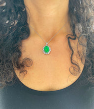 Load image into Gallery viewer, 14k white gold oval cut Natural Jade and round cut natural diamond deco style halo, pendent necklace 8.70ctw