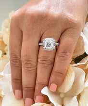 Load image into Gallery viewer, 14K Solid Heavy White Gold Asscher Cut Simulated Diamond Engagement Ring Bezel Set Halo Wedding Anniversary Round Cut 4.00ct