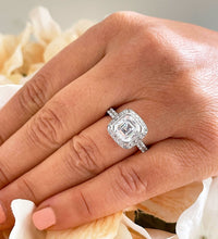 Load image into Gallery viewer, 14k Solid White Gold Asscher Cut moissanite and natural diamonds bezel set Engagement Ring Halo 4.00ctw
