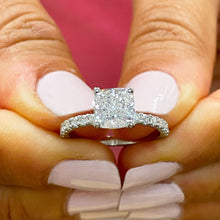 Load image into Gallery viewer, 14k Solid White Gold Cushion Cut Moissanite and Diamond Engagement Ring Bridal, Wedding Halo 1.95ctw