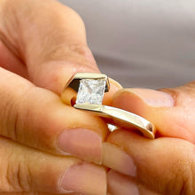 Load image into Gallery viewer, 14K Solid Yellow Gold Princess Cut Forever One Moissanite Engagement Ring Deco, Bridal, Wedding, Anniversary, Tension Set Solitaire 1.20ctw