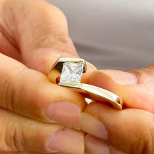 Load image into Gallery viewer, 14K Solid Yellow Gold Princess Cut Moissanite Engagement Ring Deco, Bridal, Wedding, Anniversary, Tension Set Solitaire 1.20ctw