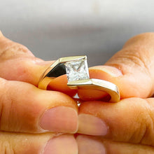 Load image into Gallery viewer, 14K Solid Yellow Gold Princess Cut Forever One Moissanite Engagement Ring Deco, Bridal, Wedding, Anniversary, Tension Set Solitaire 1.20ctw