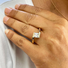 Load image into Gallery viewer, 14K Solid Yellow Gold Princess Cut Forever One Moissanite Engagement Ring Deco, Bridal, Wedding, Anniversary, Tension Set Solitaire 1.20ctw