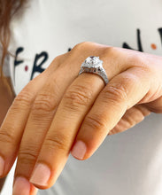 Load image into Gallery viewer, 14K Solid White Gold Round Cut Moissanite and Round And Baguettes Cut Natural Diamond Engagement Ring Halo Prong 1.95ctw