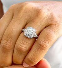 Load image into Gallery viewer, 14k solid white gold round and baguettes cut simulated diamond engagement ring halo bridal wedding propose prong set 2.00ct